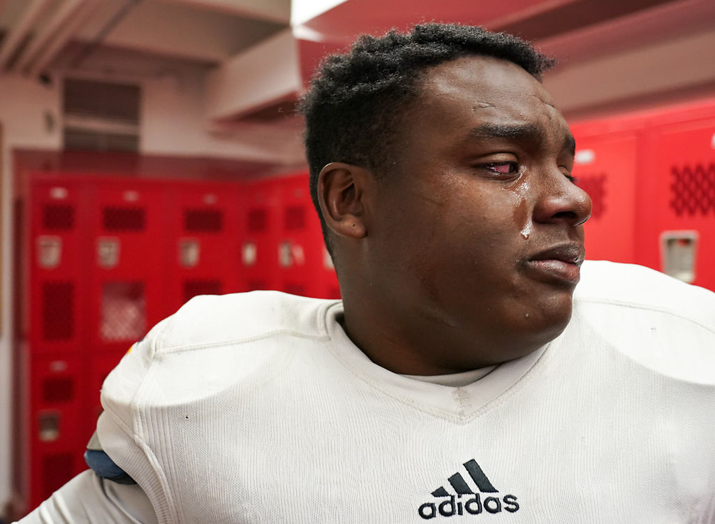 Battle linebacker Elias Edwards shows his emotions at halftime